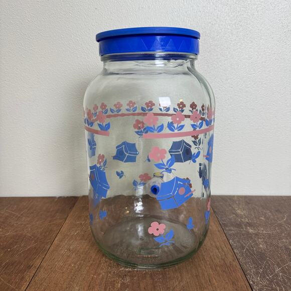 Vintage GALLON Blue Pink‎ Birdhouse Design Glass Drink Dispenser - Picture 5 of 11